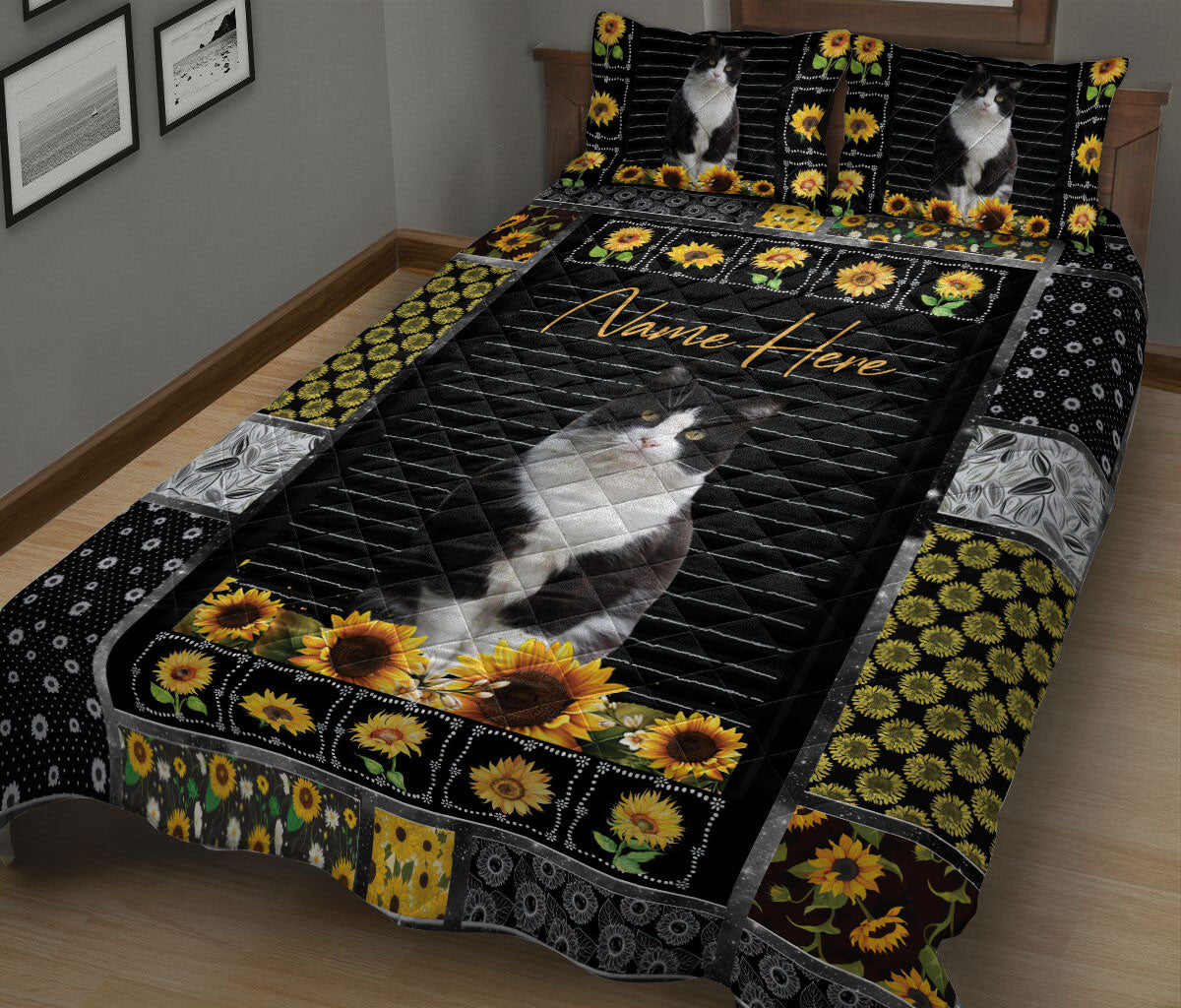 Ohaprints-Quilt-Bed-Set-Pillowcase-Tuxedo-Cat-My-Sunshine-Sunflower-Floral-Patchwork-Custom-Personalized-Name-Blanket-Bedspread-Bedding-1380-King (90'' x 100'')