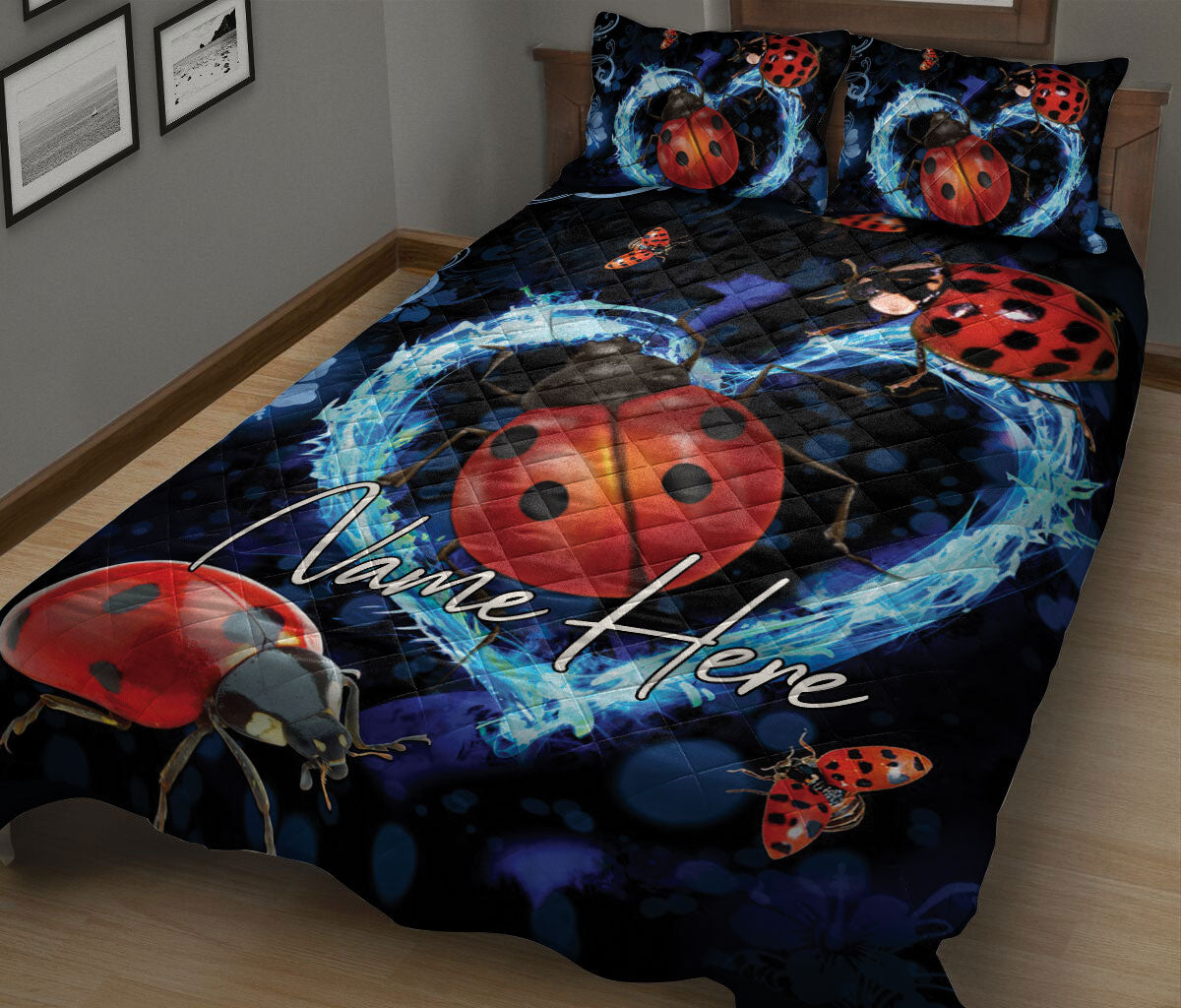 Ohaprints-Quilt-Bed-Set-Pillowcase-Ladybugs-Blue-Heart-Flower-Floral-Pattern-Gift-For-Animal-Lover-Black-Blanket-Bedspread-Bedding-140-King (90'' x 100'')