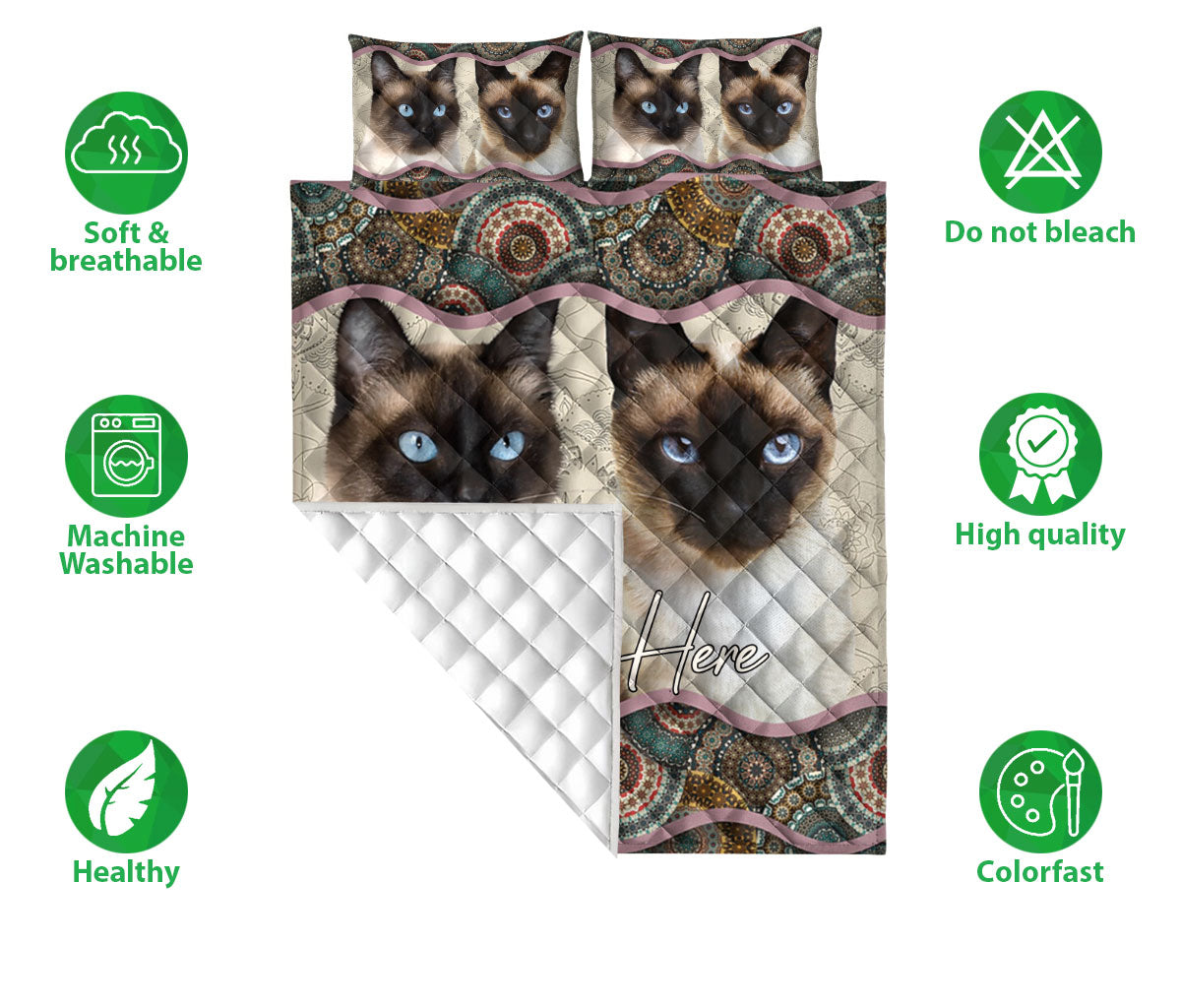 Ohaprints-Quilt-Bed-Set-Pillowcase-Siamese-Cat-Mandala-Floral-Bohemian-Boho-Pattern-Gift-For-Animal-Lover-Blanket-Bedspread-Bedding-733-Double (70'' x 80'')