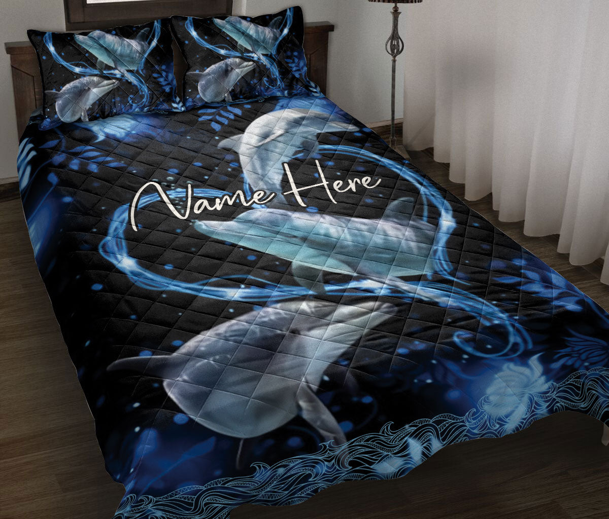 Ohaprints-Quilt-Bed-Set-Pillowcase-Dolphin-Blue-Heart-Flower-Floral-Ocean-Pattern-Gift-For-Animal-Lover-Black-Blanket-Bedspread-Bedding-2560-Throw (55'' x 60'')