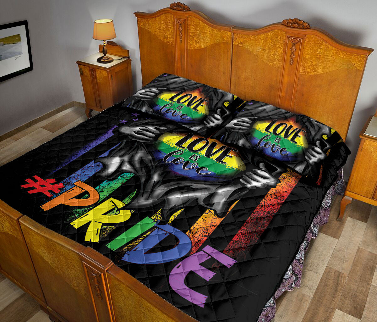 Ohaprints-Quilt-Bed-Set-Pillowcase-Lgbt-Support-Lgbtq-Pride-Hand-Rainbow-Flag-Love-Is-Love-Love-Wins-Pride-Month-Blanket-Bedspread-Bedding-887-Queen (80'' x 90'')