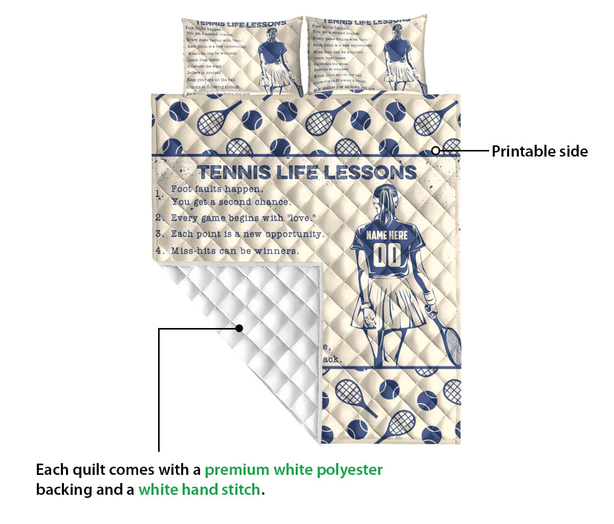 Ohaprints-Quilt-Bed-Set-Pillowcase-Tennis-Girl-Life-Lessons-Gift-For-Sport-Lover-Beige-Custom-Personalized-Name-Blanket-Bedspread-Bedding-2867-Queen (80'' x 90'')