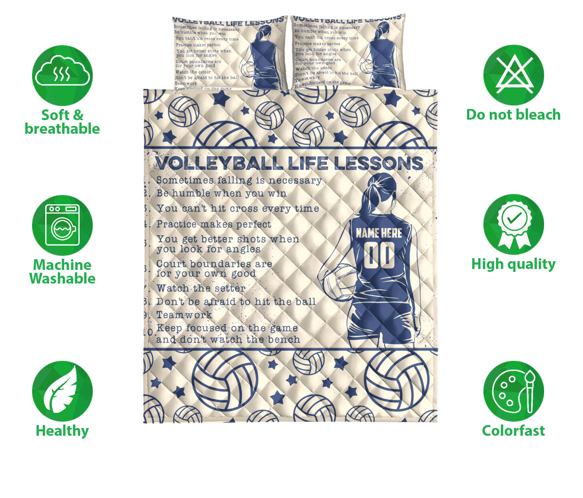 Ohaprints-Quilt-Bed-Set-Pillowcase-Volleyball-Life-Lessons-Gift-For-Sport-Lover-Beige-Custom-Personalized-Name-Blanket-Bedspread-Bedding-516-Double (70'' x 80'')