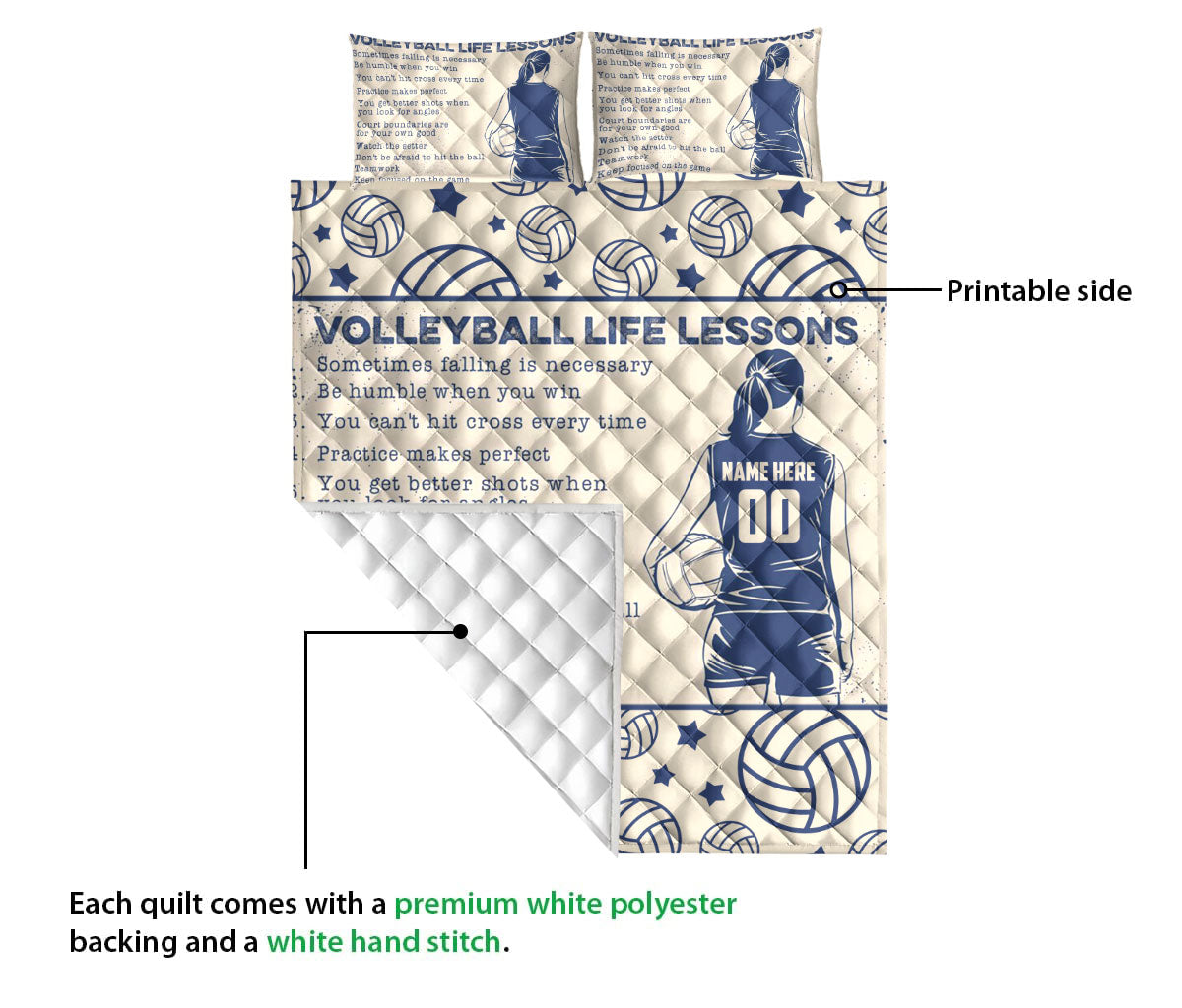 Ohaprints-Quilt-Bed-Set-Pillowcase-Volleyball-Life-Lessons-Gift-For-Sport-Lover-Beige-Custom-Personalized-Name-Blanket-Bedspread-Bedding-516-Queen (80'' x 90'')