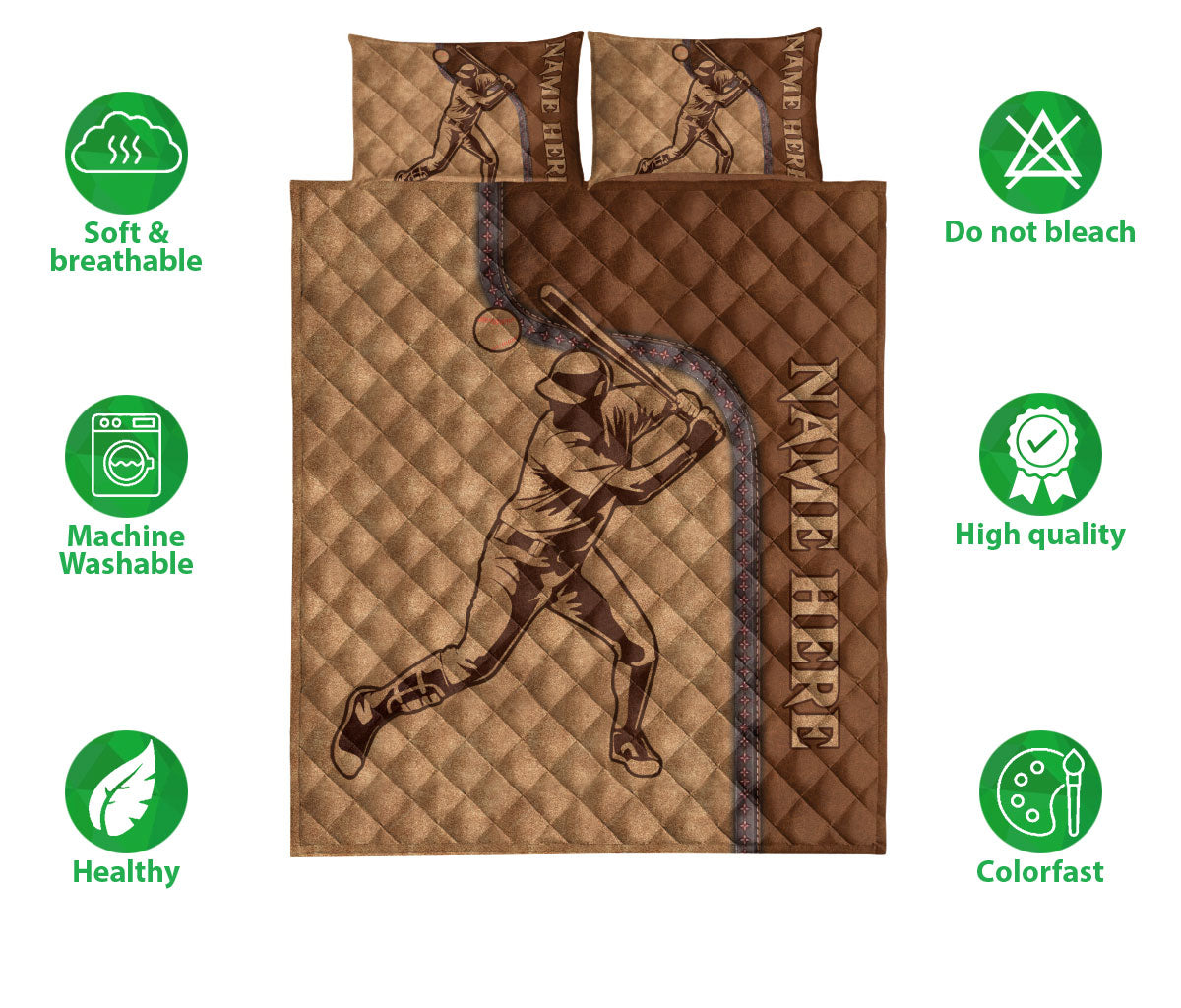 Ohaprints-Quilt-Bed-Set-Pillowcase-Baseball-Batter-Brown-Pattern-Gift-For-Sport-Lover-Custom-Personalized-Name-Blanket-Bedspread-Bedding-519-Double (70'' x 80'')