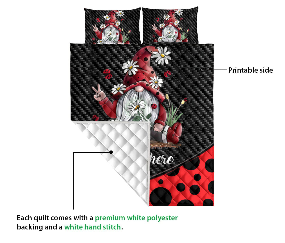 Ohaprints-Quilt-Bed-Set-Pillowcase-Gnome-In-The-Garden-Daisy-Red-Mushroom-Hat-Spring-Custom-Personalized-Name-Blanket-Bedspread-Bedding-1110-Queen (80'' x 90'')