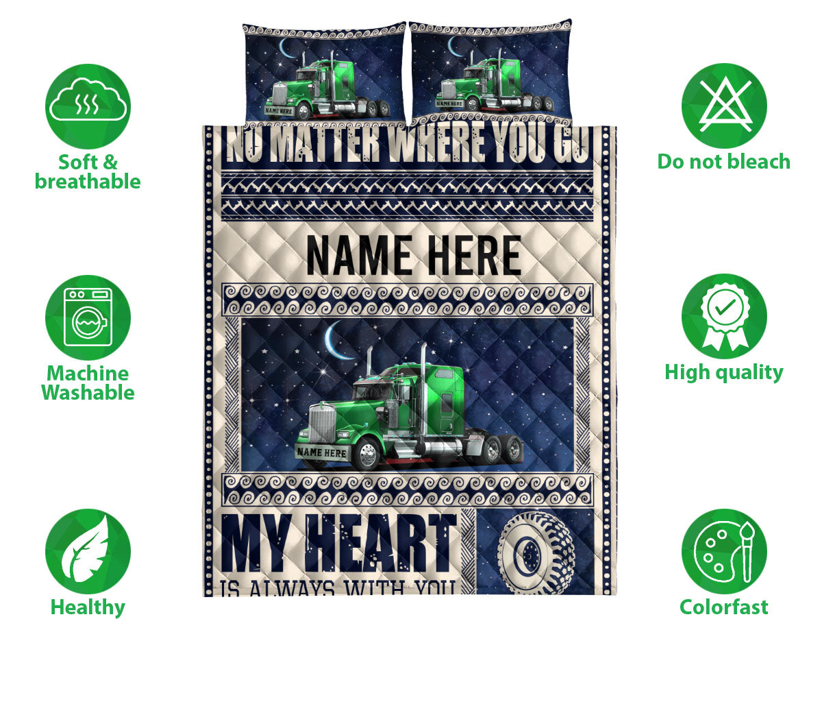 Ohaprints-Quilt-Bed-Set-Pillowcase-Green-Truck-Moon-Night-For-Trucker-Trucker-Driver-Custom-Personalized-Name-Blanket-Bedspread-Bedding-2873-Double (70'' x 80'')