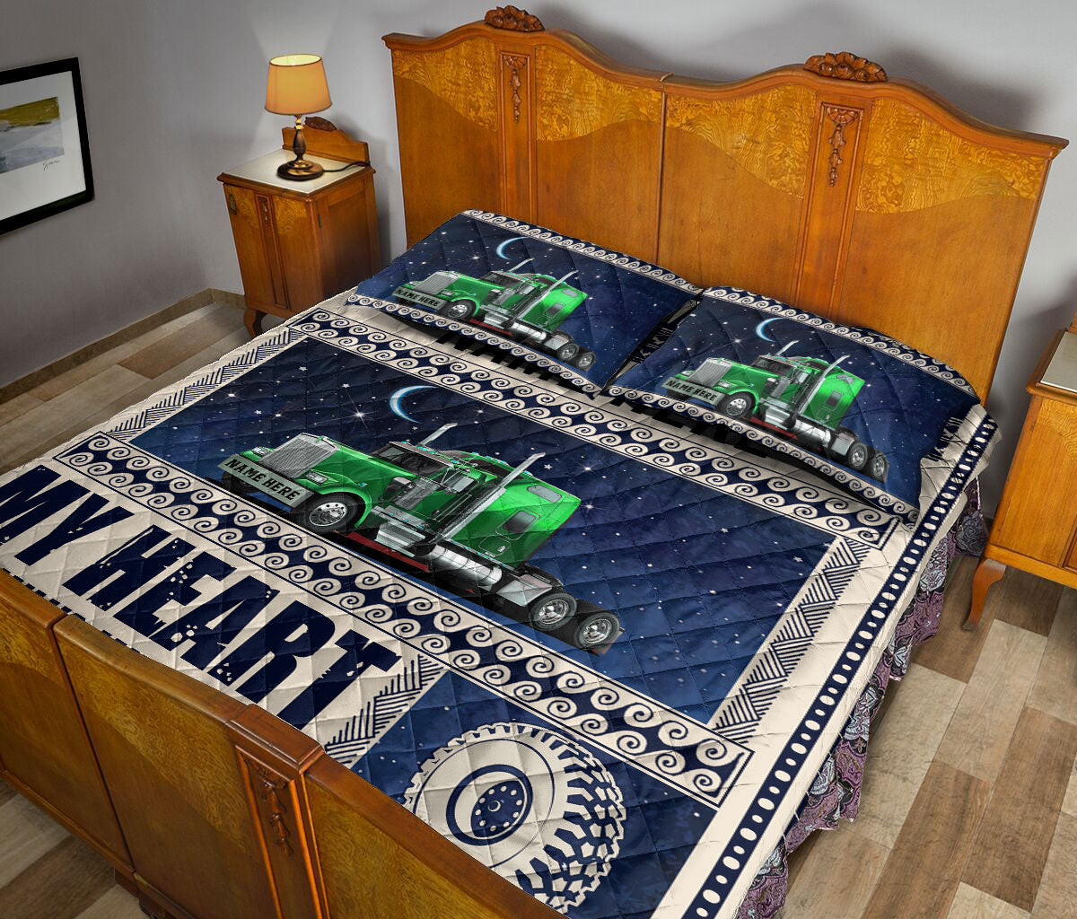 Ohaprints-Quilt-Bed-Set-Pillowcase-Green-Truck-Moon-Night-For-Trucker-Trucker-Driver-Custom-Personalized-Name-Blanket-Bedspread-Bedding-2873-King (90'' x 100'')