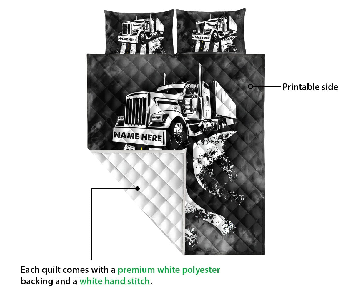 Ohaprints-Quilt-Bed-Set-Pillowcase-Truck-Black-&-White-Gift-For-Trucker-Trucker-Driver-Custom-Personalized-Name-Blanket-Bedspread-Bedding-2281-Queen (80'' x 90'')