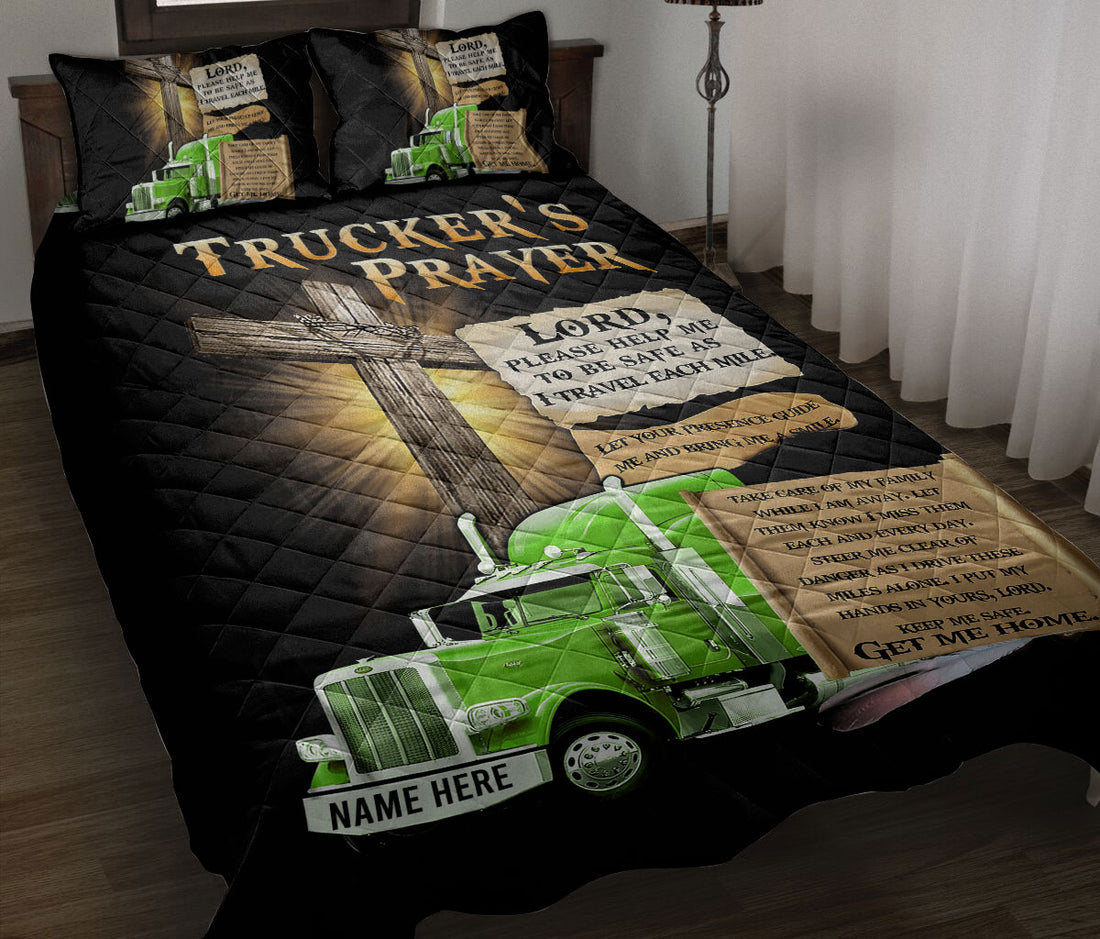 Ohaprints-Quilt-Bed-Set-Pillowcase-Trucker'S-Prayer-Green-Truck-Gift-For-Truck-Driver-Custom-Personalized-Name-Blanket-Bedspread-Bedding-2874-Throw (55'' x 60'')