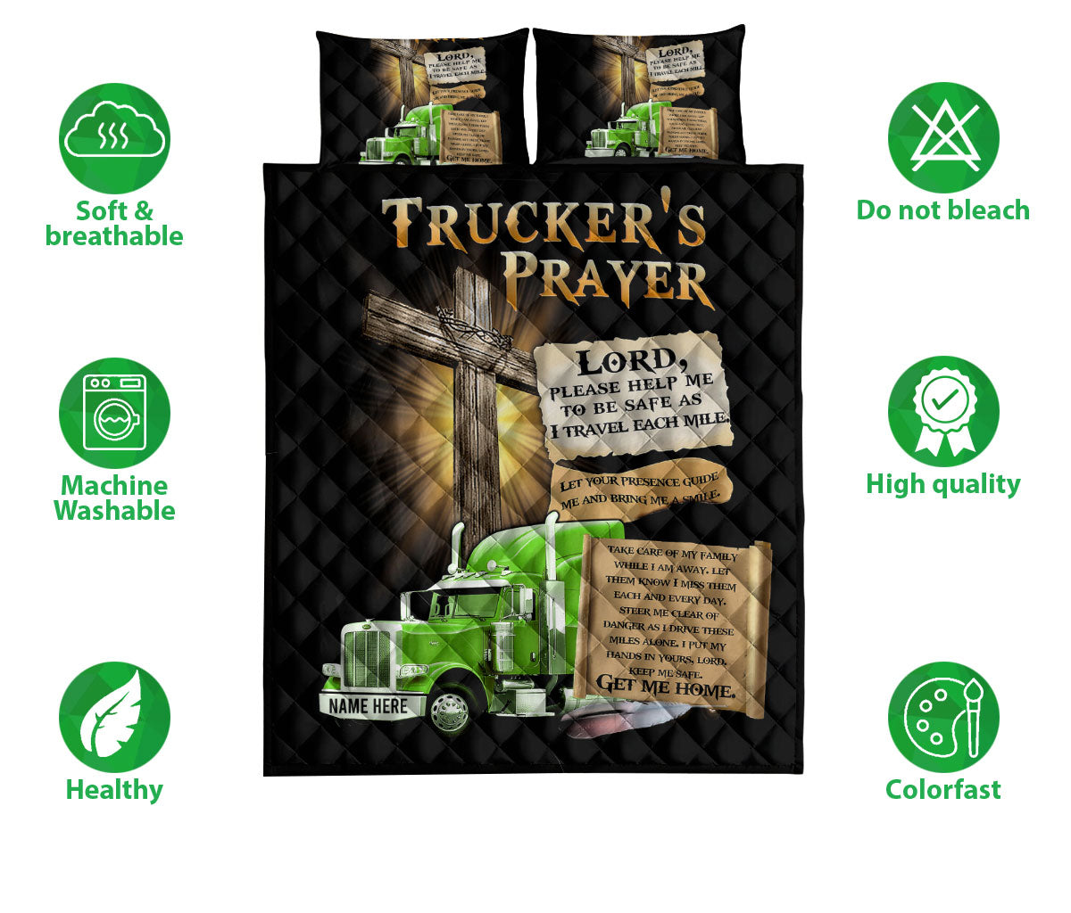 Ohaprints-Quilt-Bed-Set-Pillowcase-Trucker'S-Prayer-Green-Truck-Gift-For-Truck-Driver-Custom-Personalized-Name-Blanket-Bedspread-Bedding-2874-Double (70'' x 80'')