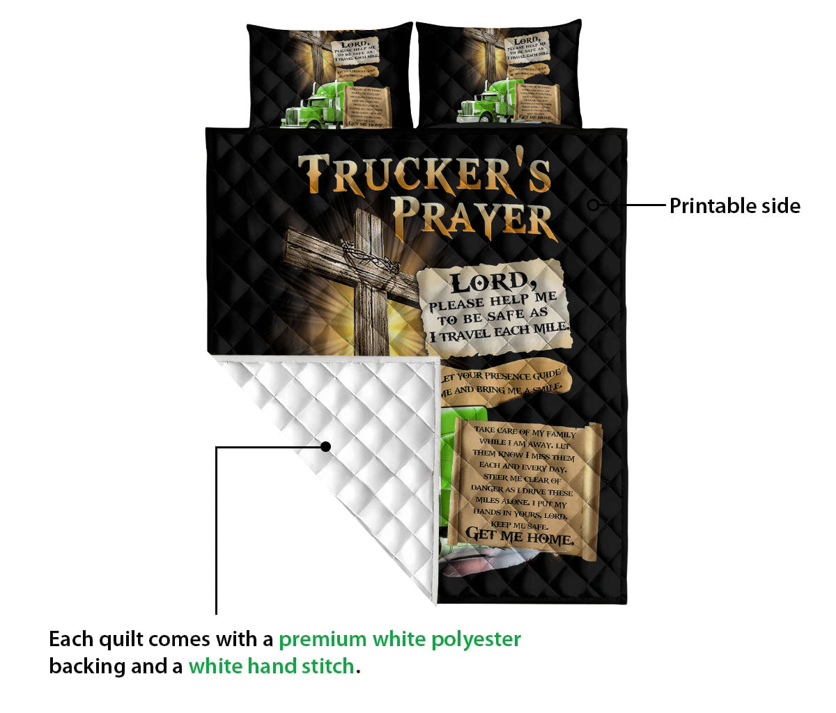 Ohaprints-Quilt-Bed-Set-Pillowcase-Trucker'S-Prayer-Green-Truck-Gift-For-Truck-Driver-Custom-Personalized-Name-Blanket-Bedspread-Bedding-2874-Queen (80'' x 90'')