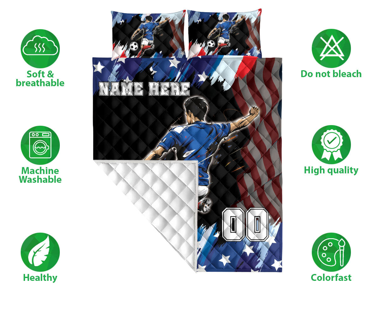Ohaprints-Quilt-Bed-Set-Pillowcase-Soccer-American-Flag-Pattern-Sport-Gift-Custom-Personalized-Name-Number-Blanket-Bedspread-Bedding-3041-Double (70'' x 80'')