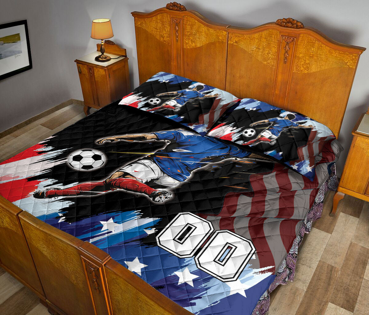 Ohaprints-Quilt-Bed-Set-Pillowcase-Soccer-American-Flag-Pattern-Sport-Gift-Custom-Personalized-Name-Number-Blanket-Bedspread-Bedding-3041-Queen (80'' x 90'')
