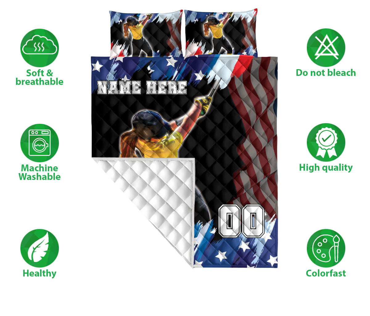 Ohaprints-Quilt-Bed-Set-Pillowcase-Softball-American-Flag-Pattern-Sport-Gift-Custom-Personalized-Name-Number-Blanket-Bedspread-Bedding-2547-Double (70'' x 80'')