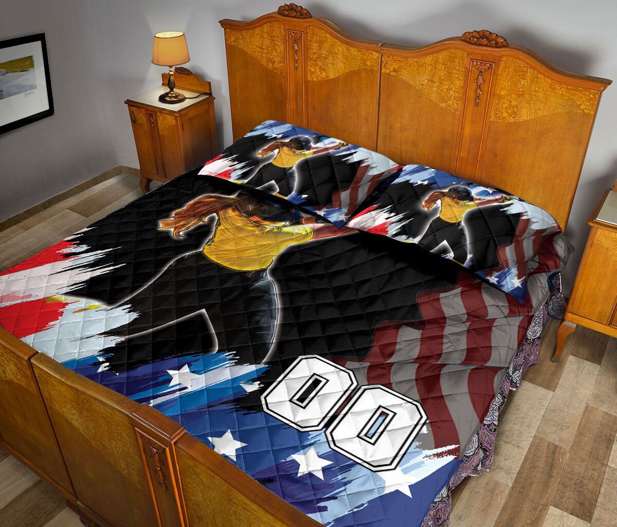 Ohaprints-Quilt-Bed-Set-Pillowcase-Softball-American-Flag-Pattern-Sport-Gift-Custom-Personalized-Name-Number-Blanket-Bedspread-Bedding-2547-Queen (80'' x 90'')