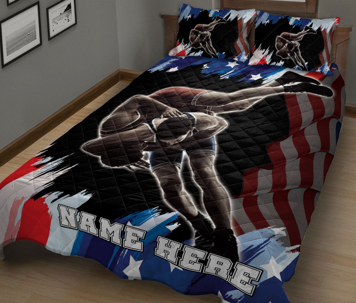 Ohaprints-Quilt-Bed-Set-Pillowcase-Wrestling-American-Flag-Pattern-Sport-Gift-Custom-Personalized-Name-Number-Blanket-Bedspread-Bedding-2988-King (90'' x 100'')