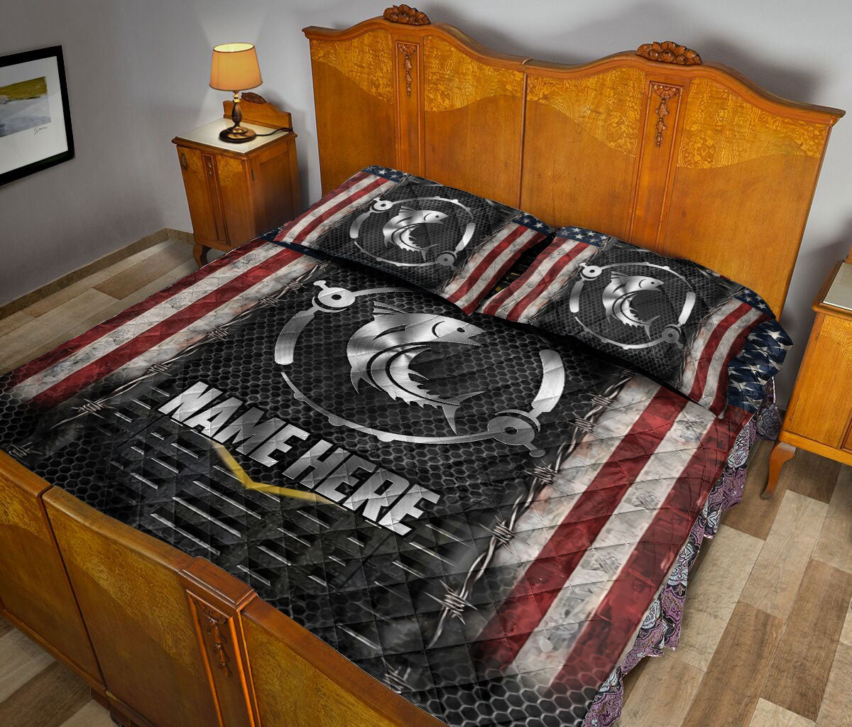 Ohaprints-Quilt-Bed-Set-Pillowcase-Fishing-Fisherman-Big-Bass-Fish-American-Flag-Pattern-Custom-Personalized-Name-Blanket-Bedspread-Bedding-2399-Queen (80'' x 90'')