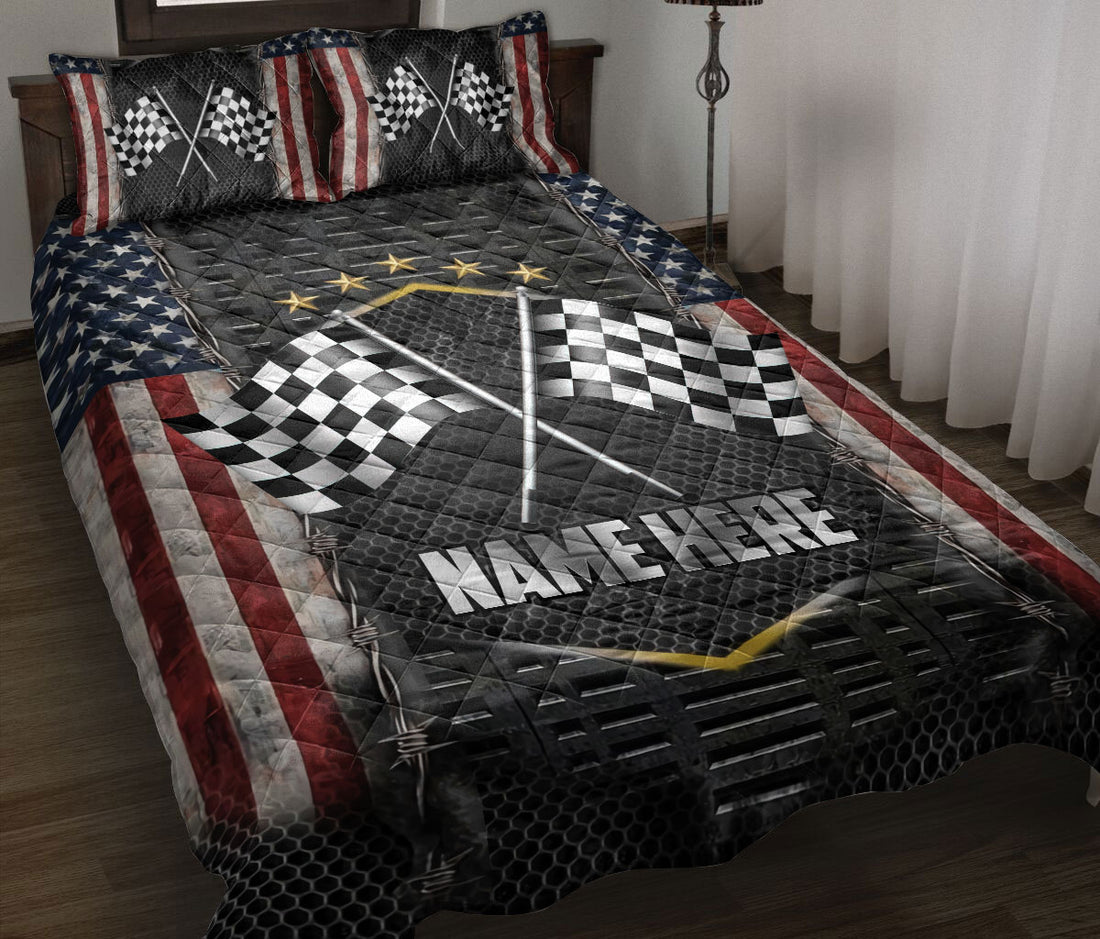 Ohaprints-Quilt-Bed-Set-Pillowcase-Racing-Sports-Checkered-Flag-American-Flag-Pattern-Custom-Personalized-Name-Blanket-Bedspread-Bedding-65-Throw (55'' x 60'')