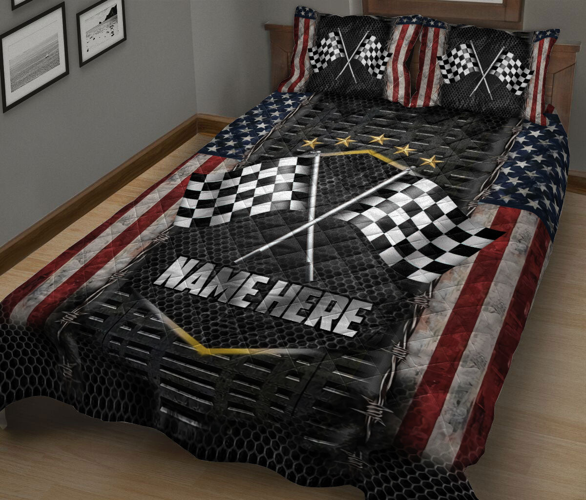 Ohaprints-Quilt-Bed-Set-Pillowcase-Racing-Sports-Checkered-Flag-American-Flag-Pattern-Custom-Personalized-Name-Blanket-Bedspread-Bedding-65-King (90'' x 100'')