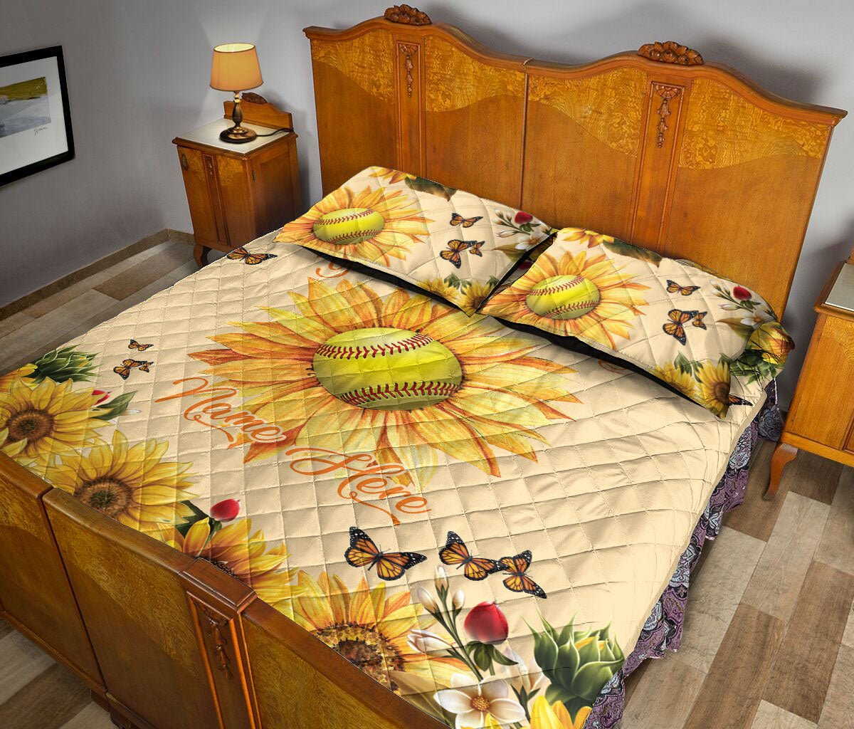 Ohaprints-Quilt-Bed-Set-Pillowcase-Softball-Ball-Sunflower-Floral-Pattern-Sports-Gift-Custom-Personalized-Name-Blanket-Bedspread-Bedding-1942-Queen (80'' x 90'')