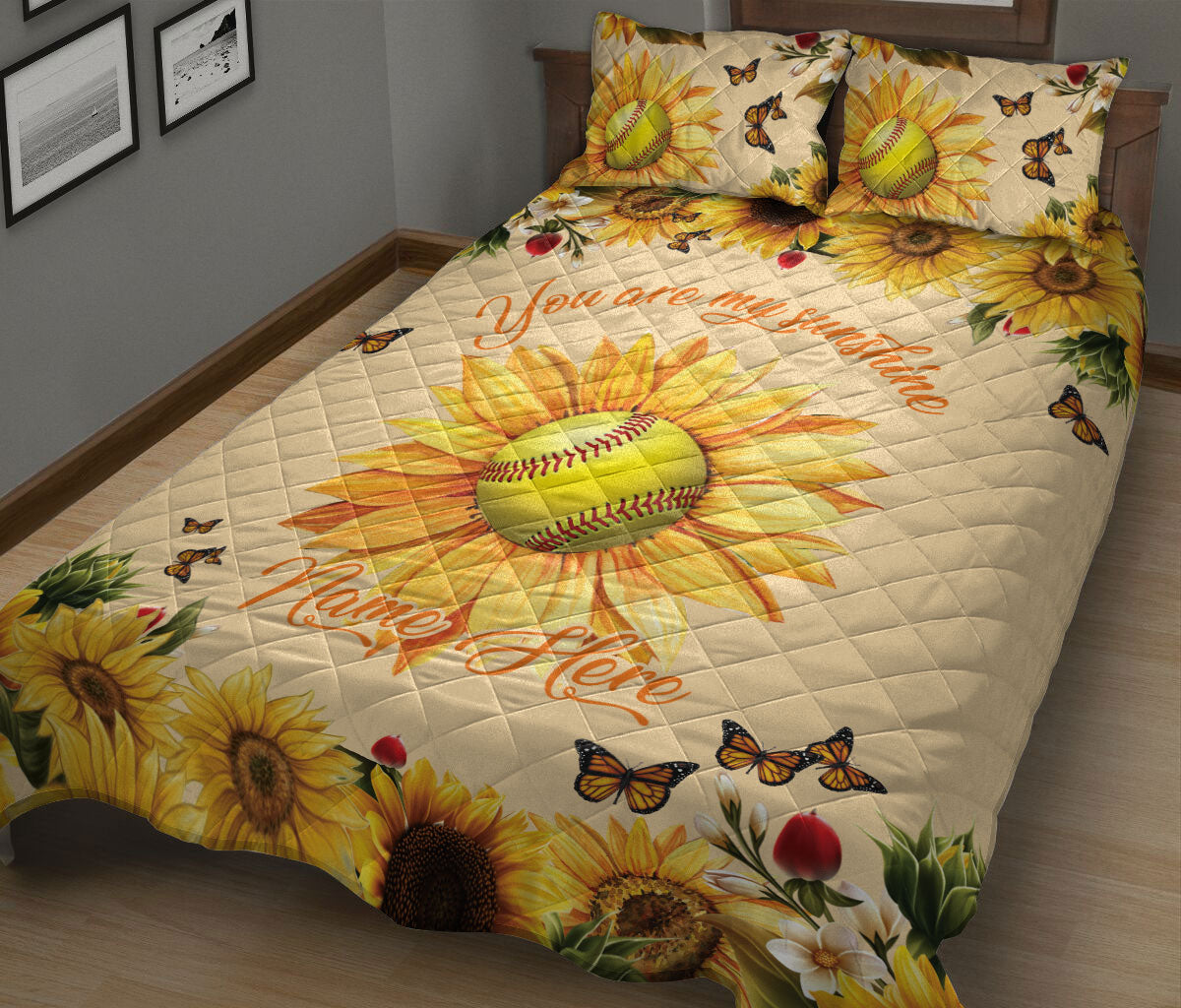 Ohaprints-Quilt-Bed-Set-Pillowcase-Softball-Ball-Sunflower-Floral-Pattern-Sports-Gift-Custom-Personalized-Name-Blanket-Bedspread-Bedding-1942-King (90'' x 100'')