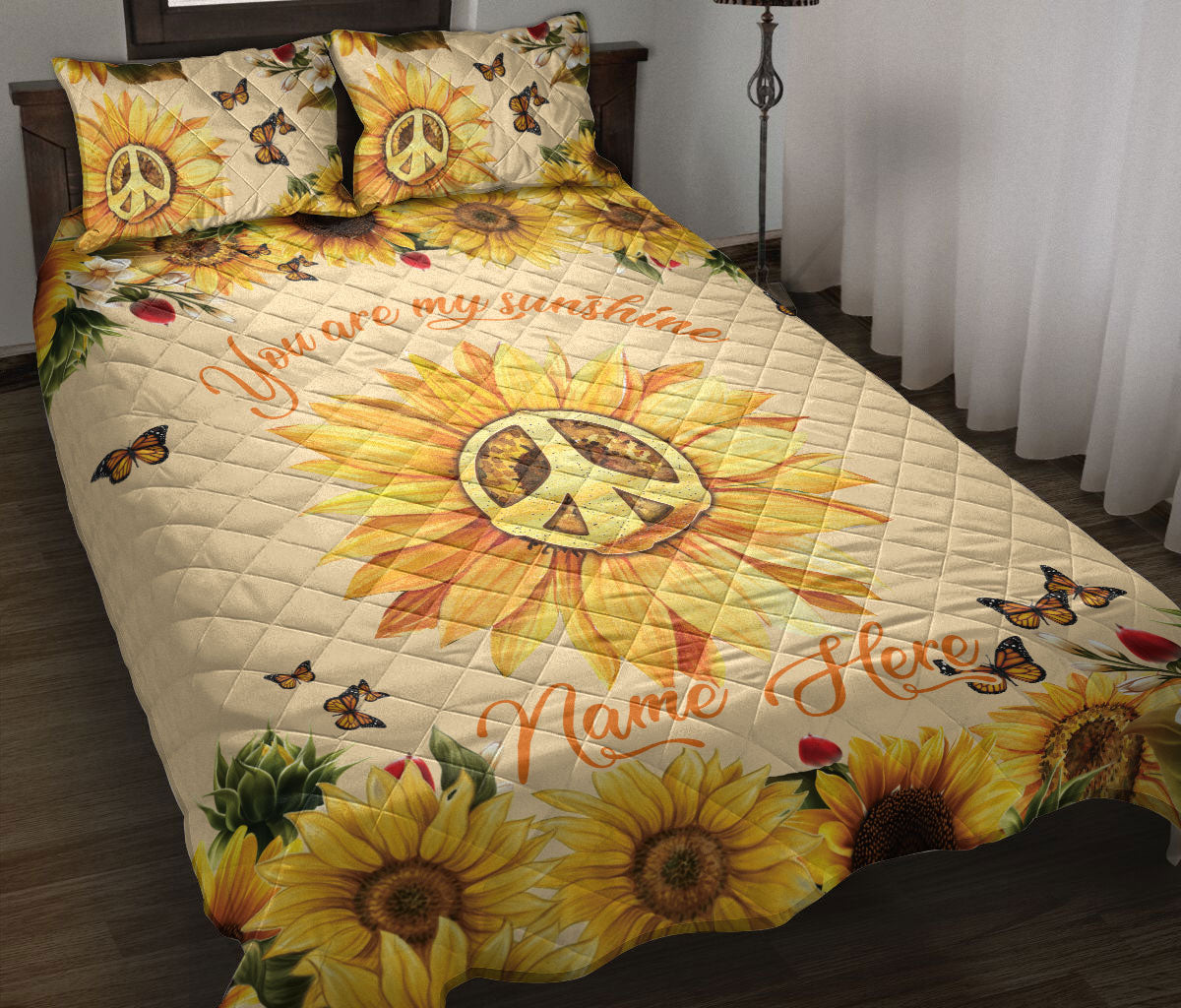 Ohaprints-Quilt-Bed-Set-Pillowcase-Hippie-Peace-Sign-Sunflower-Floral-Pattern-Gift-Custom-Personalized-Name-Blanket-Bedspread-Bedding-1806-Throw (55'' x 60'')