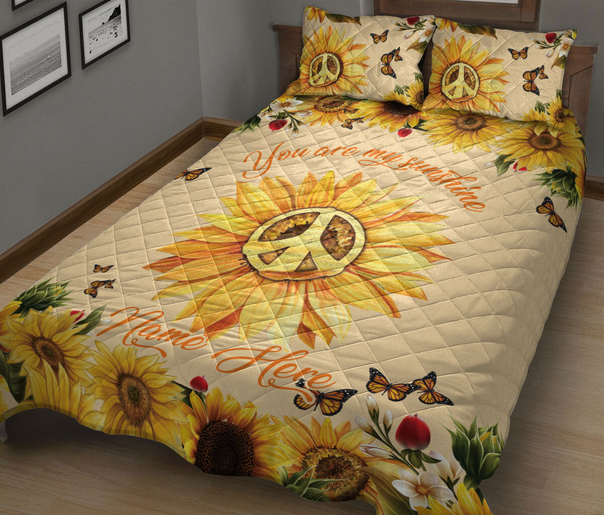 Ohaprints-Quilt-Bed-Set-Pillowcase-Hippie-Peace-Sign-Sunflower-Floral-Pattern-Gift-Custom-Personalized-Name-Blanket-Bedspread-Bedding-1806-King (90'' x 100'')