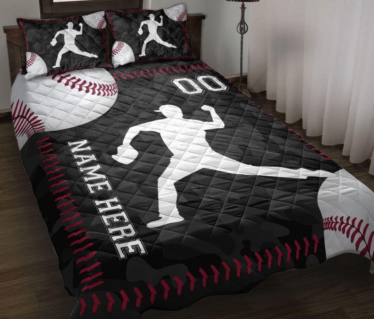 Ohaprints-Quilt-Bed-Set-Pillowcase-Baseball-Ball-Pitcher-Black-Camo-Pattern-Sports-Gift-Custom-Personalized-Name-Number-Blanket-Bedspread-Bedding-3000-Throw (55'' x 60'')