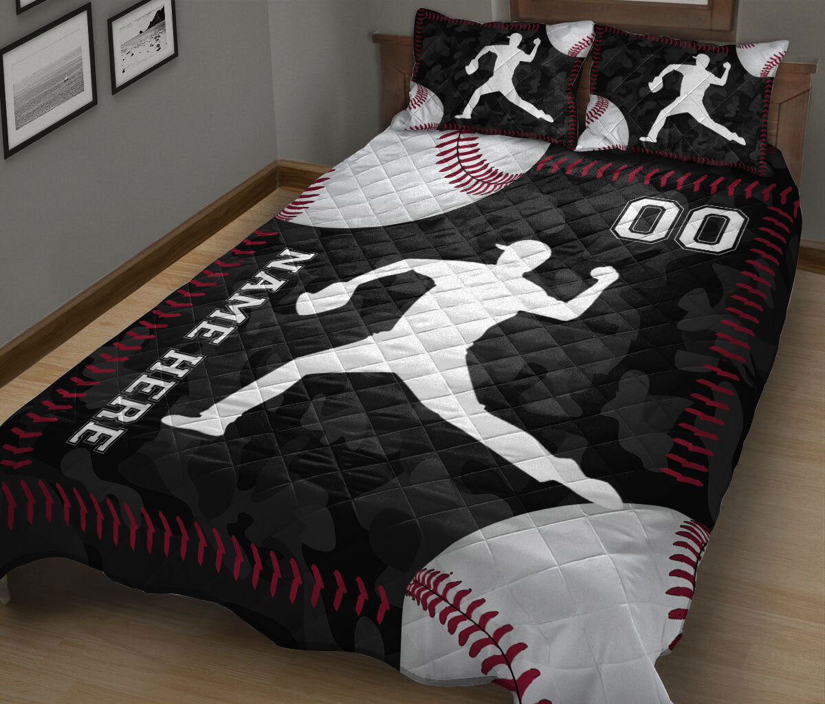 Ohaprints-Quilt-Bed-Set-Pillowcase-Baseball-Ball-Pitcher-Black-Camo-Pattern-Sports-Gift-Custom-Personalized-Name-Number-Blanket-Bedspread-Bedding-3000-King (90'' x 100'')