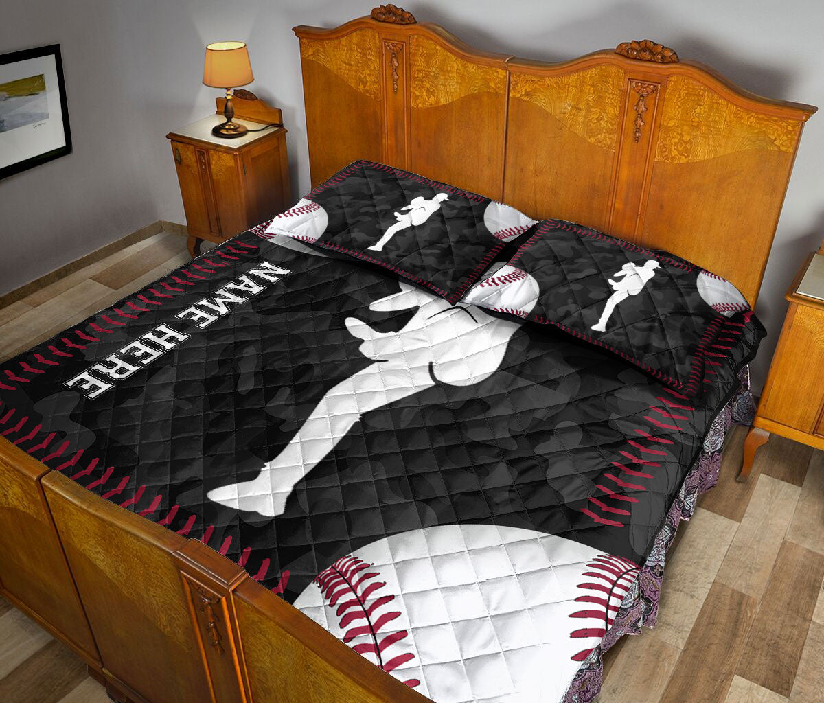 Ohaprints-Quilt-Bed-Set-Pillowcase-Baseball-Player-Ball-Black-Camo-Pattern-Sports-Gift-Custom-Personalized-Name-Blanket-Bedspread-Bedding-2446-Queen (80'' x 90'')
