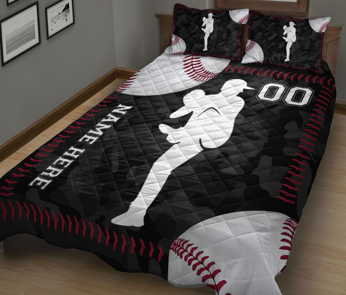Ohaprints-Quilt-Bed-Set-Pillowcase-Baseball-Player-Ball-Black-Camo-Pattern-Sports-Gift-Custom-Personalized-Name-Blanket-Bedspread-Bedding-2446-King (90'' x 100'')