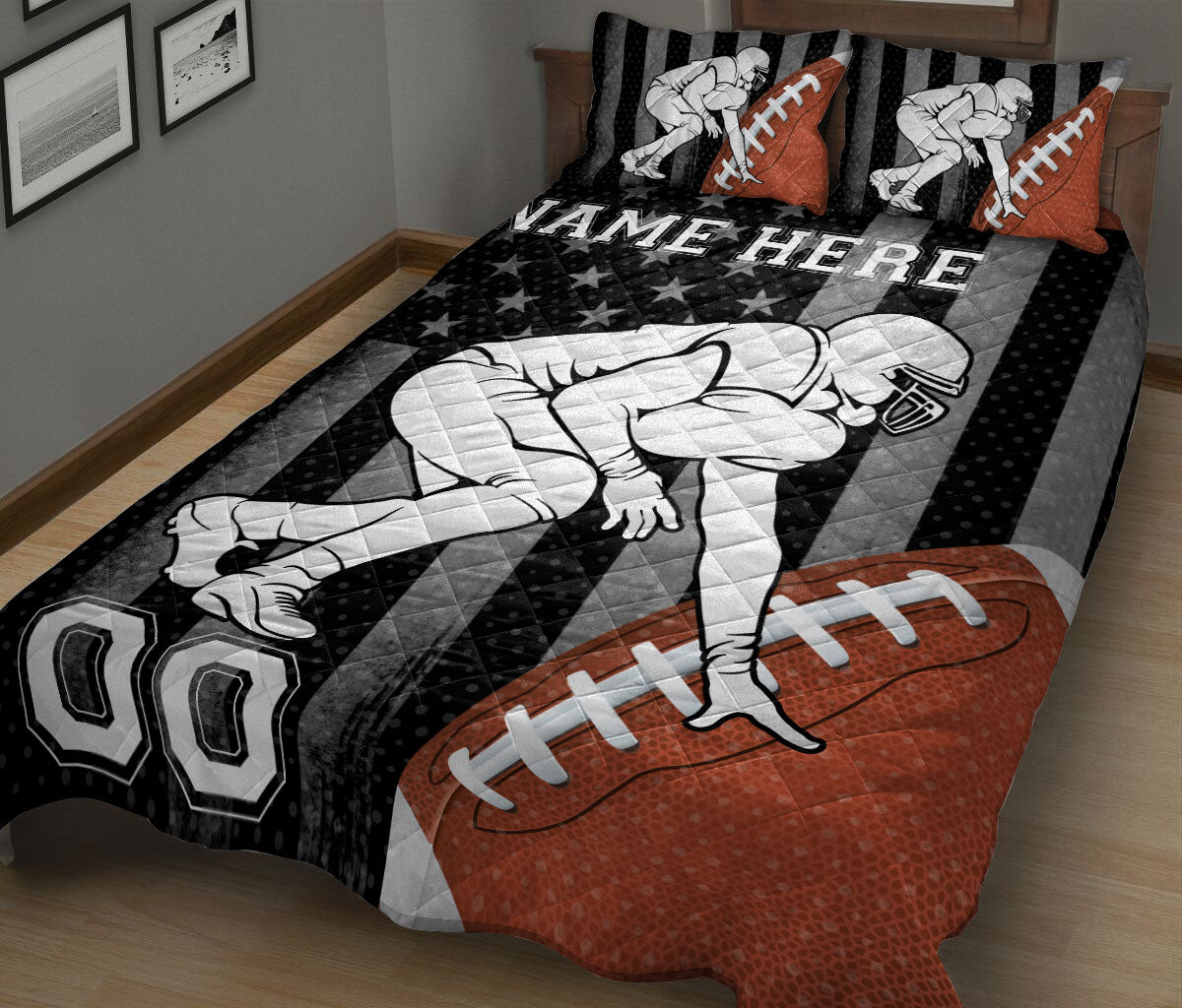 Ohaprints-Quilt-Bed-Set-Pillowcase-Football-American-Flag-Ball-Pattern-Sports-Custom-Personalized-Name-Number-Blanket-Bedspread-Bedding-1212-King (90'' x 100'')