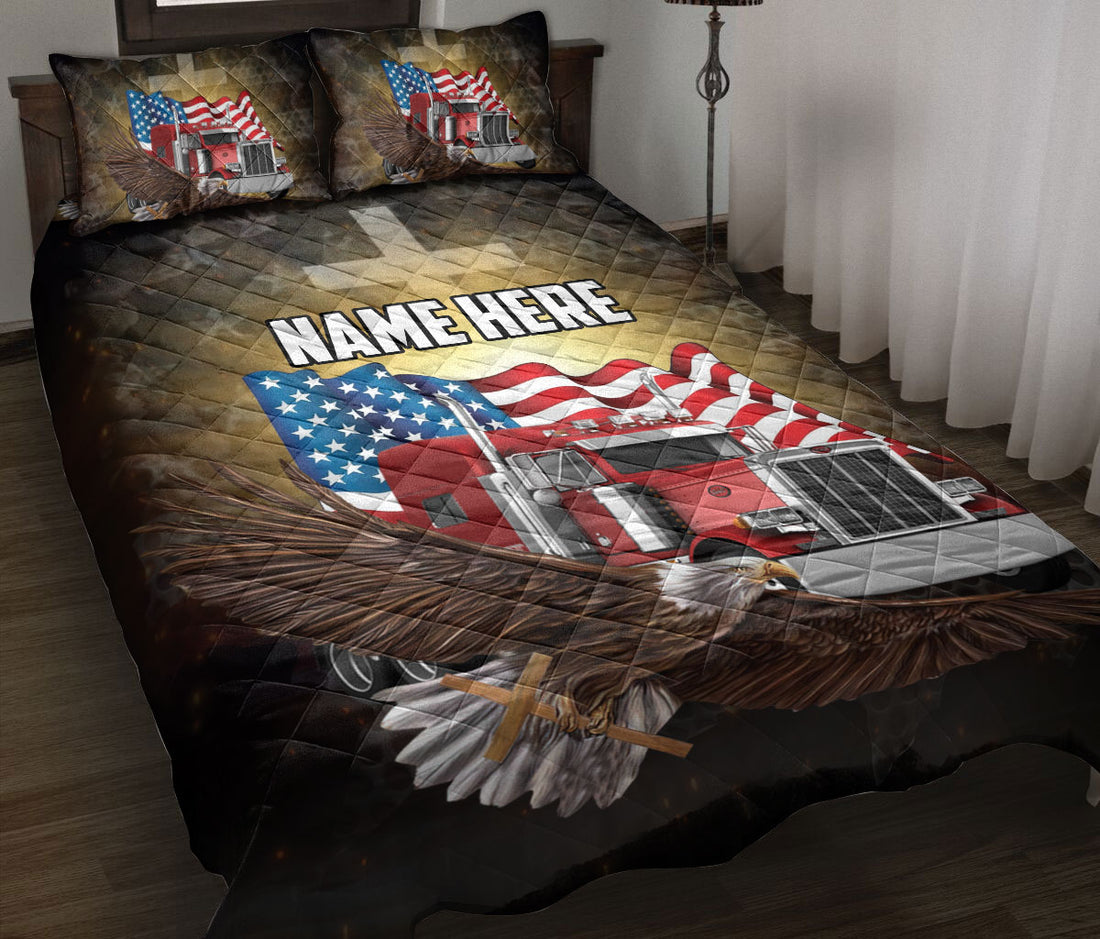 Ohaprints-Quilt-Bed-Set-Pillowcase-Truck-Eagle-Cross-American-Flag-Pattern-Trucker-Gift-Custom-Personalized-Name-Blanket-Bedspread-Bedding-3015-Throw (55'' x 60'')