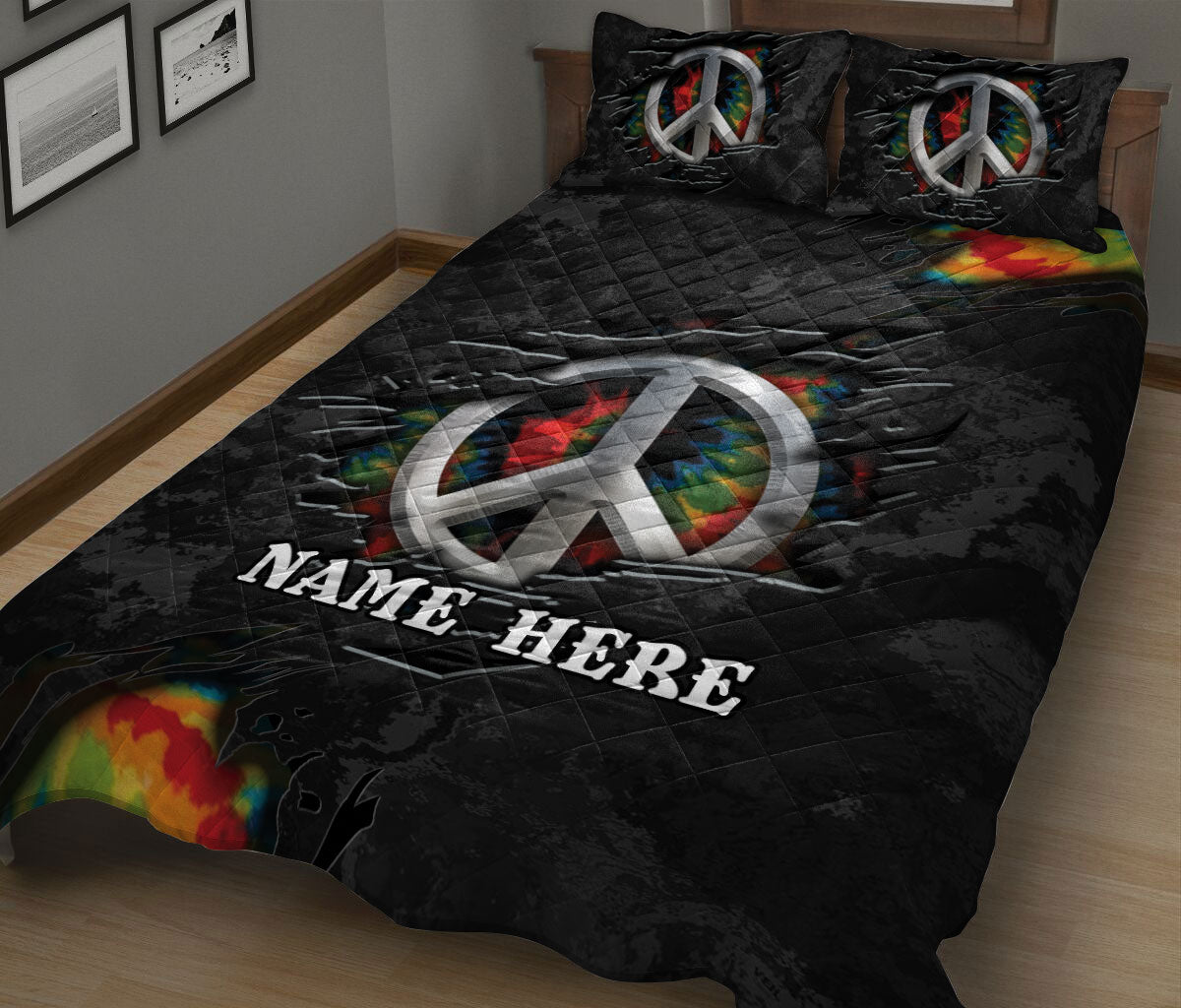 Ohaprints-Quilt-Bed-Set-Pillowcase-Hippie-Peace-Sign-Colorful-Tie-Dye-Torn-Pattern-Gift-Custom-Personalized-Name-Blanket-Bedspread-Bedding-149-King (90'' x 100'')