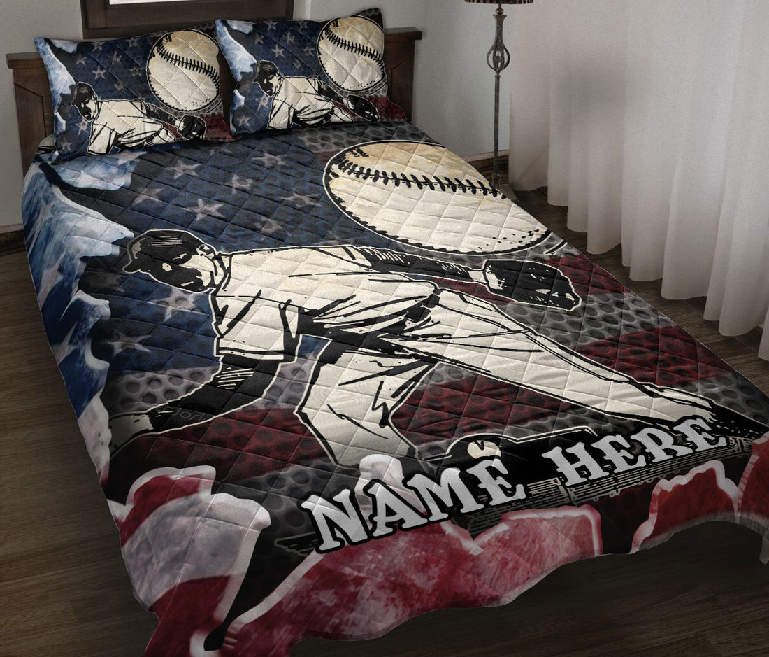 Ohaprints-Quilt-Bed-Set-Pillowcase-Baseball-Player-American-Flag-Crack-Pattern-Sports-Custom-Personalized-Name-Blanket-Bedspread-Bedding-115-Throw (55'' x 60'')