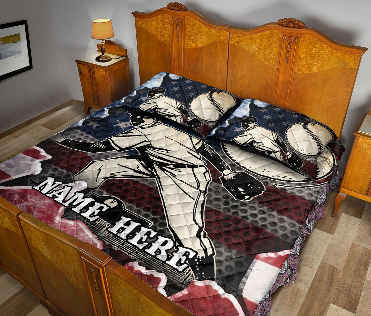 Ohaprints-Quilt-Bed-Set-Pillowcase-Baseball-Player-American-Flag-Crack-Pattern-Sports-Custom-Personalized-Name-Blanket-Bedspread-Bedding-115-Queen (80'' x 90'')