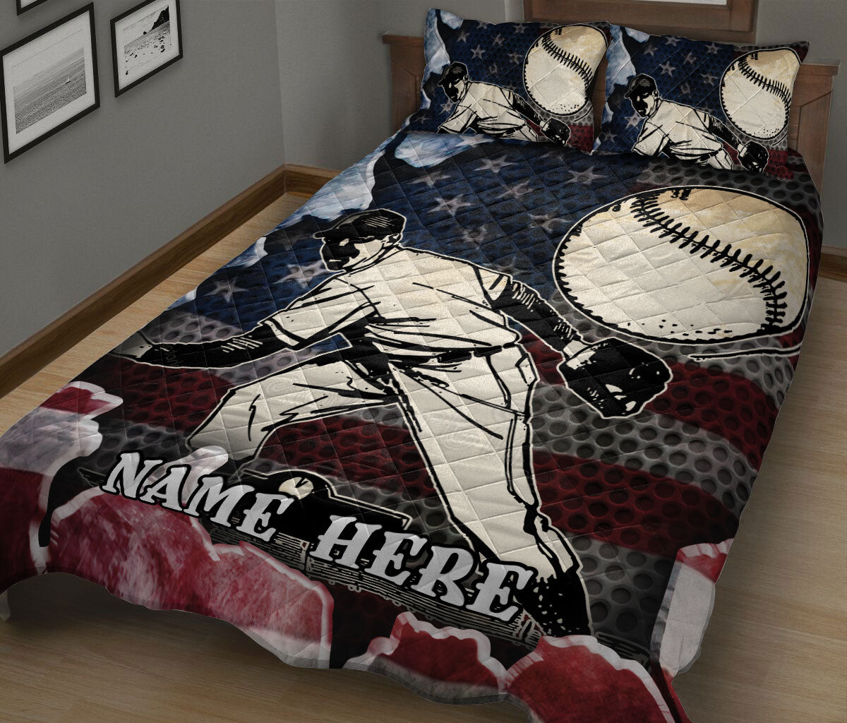 Ohaprints-Quilt-Bed-Set-Pillowcase-Baseball-Player-American-Flag-Crack-Pattern-Sports-Custom-Personalized-Name-Blanket-Bedspread-Bedding-115-King (90'' x 100'')
