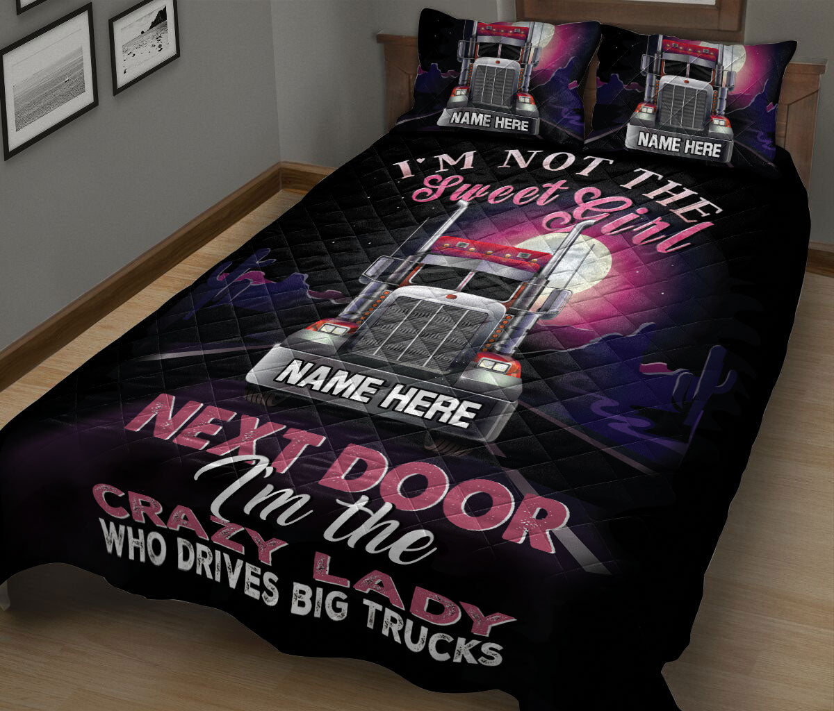 Ohaprints-Quilt-Bed-Set-Pillowcase-I'M-The-Crazy-Lady-Who-Drives-Big-Trucks-Trucker-Gift-Custom-Personalized-Name-Blanket-Bedspread-Bedding-178-King (90'' x 100'')