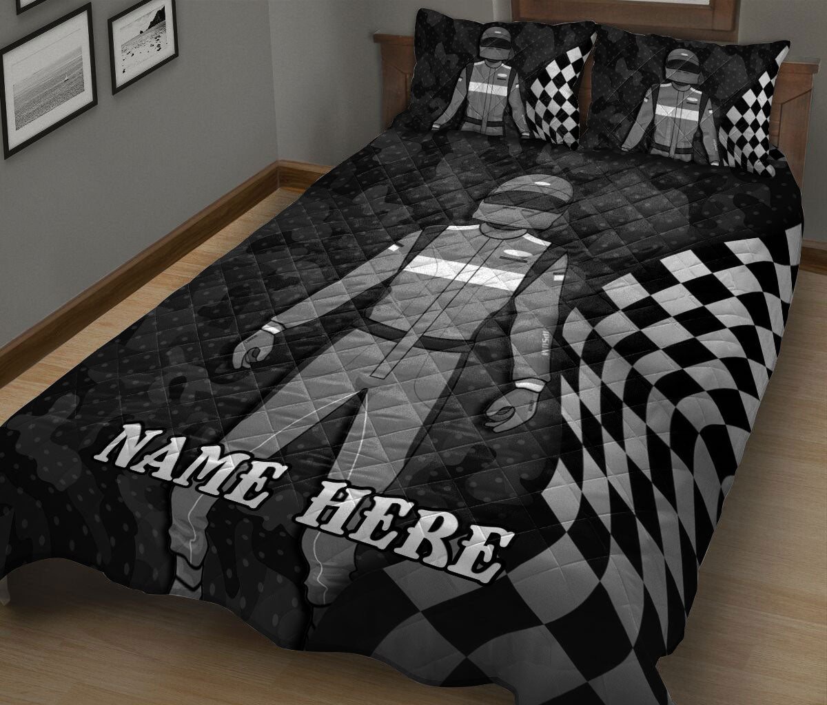 Ohaprints-Quilt-Bed-Set-Pillowcase-Racing-Racer-Sports-Gift-Checkered-Flag-Pattern-Custom-Personalized-Name-Blanket-Bedspread-Bedding-1881-King (90'' x 100'')