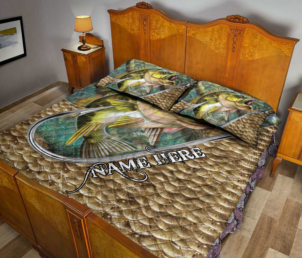 Ohaprints-Quilt-Bed-Set-Pillowcase-Fishing-Lover-Big-Bass-Fish-Hook-Gift-For-Fisherman-Custom-Personalized-Name-Blanket-Bedspread-Bedding-2850-Queen (80'' x 90'')