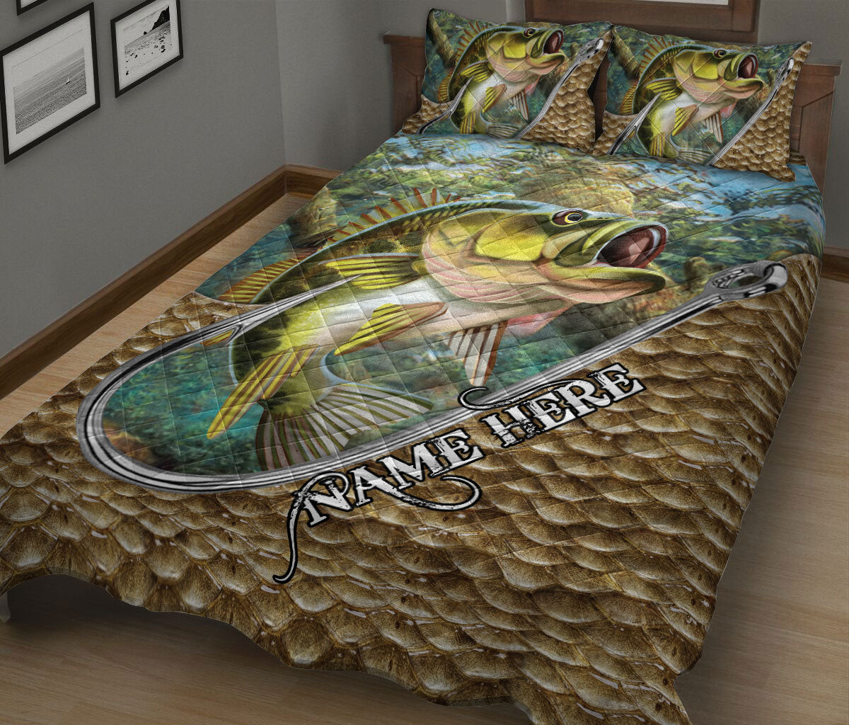 Ohaprints-Quilt-Bed-Set-Pillowcase-Fishing-Lover-Big-Bass-Fish-Hook-Gift-For-Fisherman-Custom-Personalized-Name-Blanket-Bedspread-Bedding-2850-King (90'' x 100'')