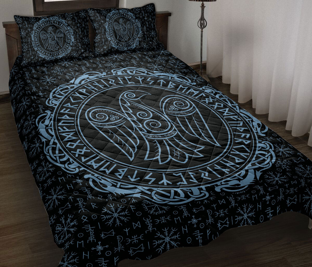 Ohaprints-Quilt-Bed-Set-Pillowcase-Raven-Rune-Viking-Huginn-Muninn-Norse-Nordic-Mythology-Black-Blue-Blanket-Bedspread-Bedding-801-Throw (55'' x 60'')