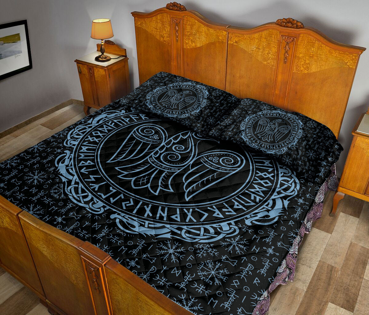 Ohaprints-Quilt-Bed-Set-Pillowcase-Raven-Rune-Viking-Huginn-Muninn-Norse-Nordic-Mythology-Black-Blue-Blanket-Bedspread-Bedding-801-Queen (80'' x 90'')