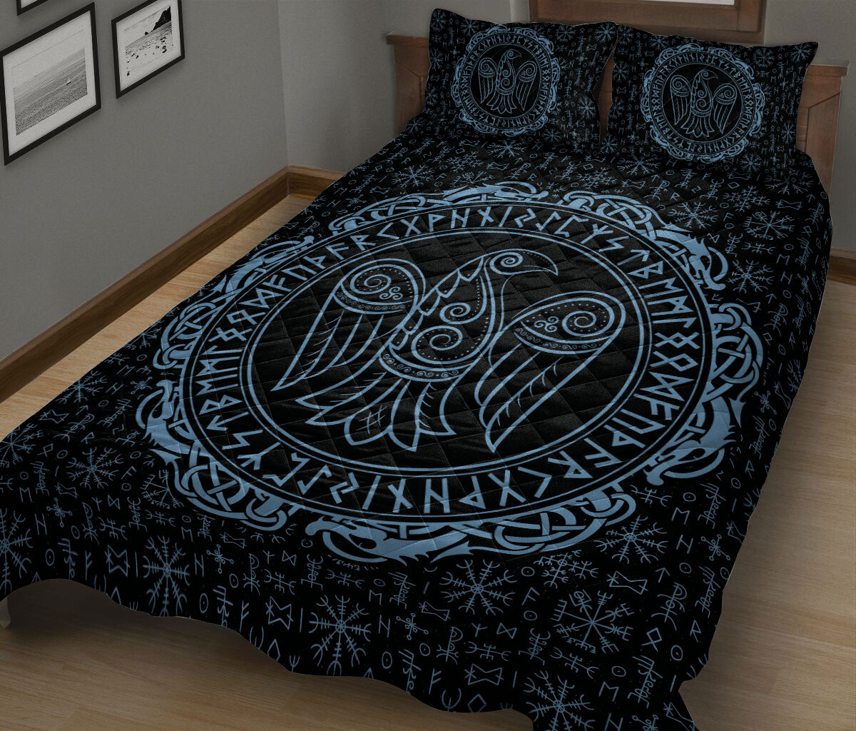 Ohaprints-Quilt-Bed-Set-Pillowcase-Raven-Rune-Viking-Huginn-Muninn-Norse-Nordic-Mythology-Black-Blue-Blanket-Bedspread-Bedding-801-King (90'' x 100'')