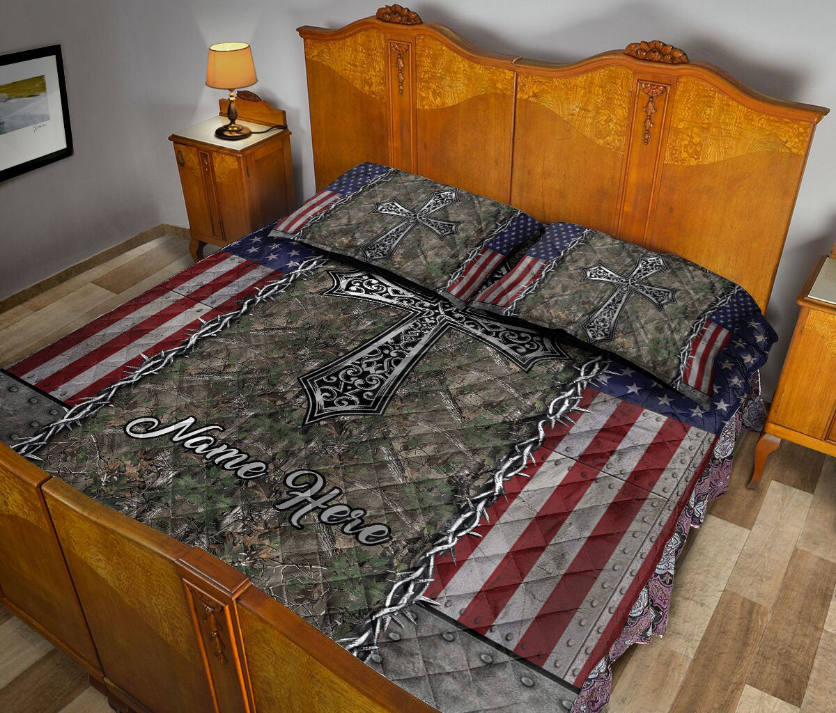 Ohaprints-Quilt-Bed-Set-Pillowcase-God-Jesus-Cross-Camo-Gift-For-Christ-Christian-Custom-Personalized-Name-Blanket-Bedspread-Bedding-2354-Queen (80'' x 90'')