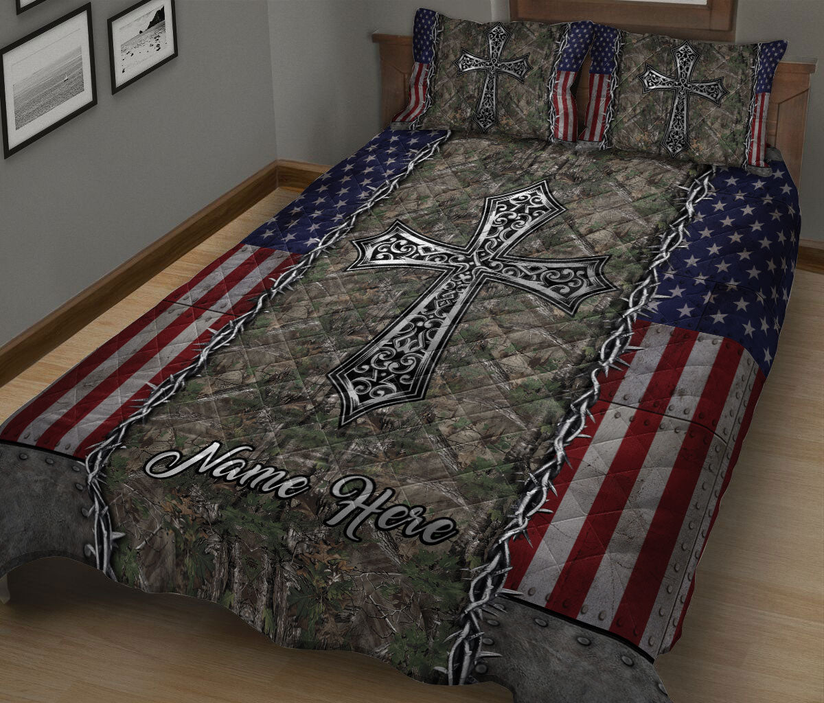 Ohaprints-Quilt-Bed-Set-Pillowcase-God-Jesus-Cross-Camo-Gift-For-Christ-Christian-Custom-Personalized-Name-Blanket-Bedspread-Bedding-2354-King (90'' x 100'')