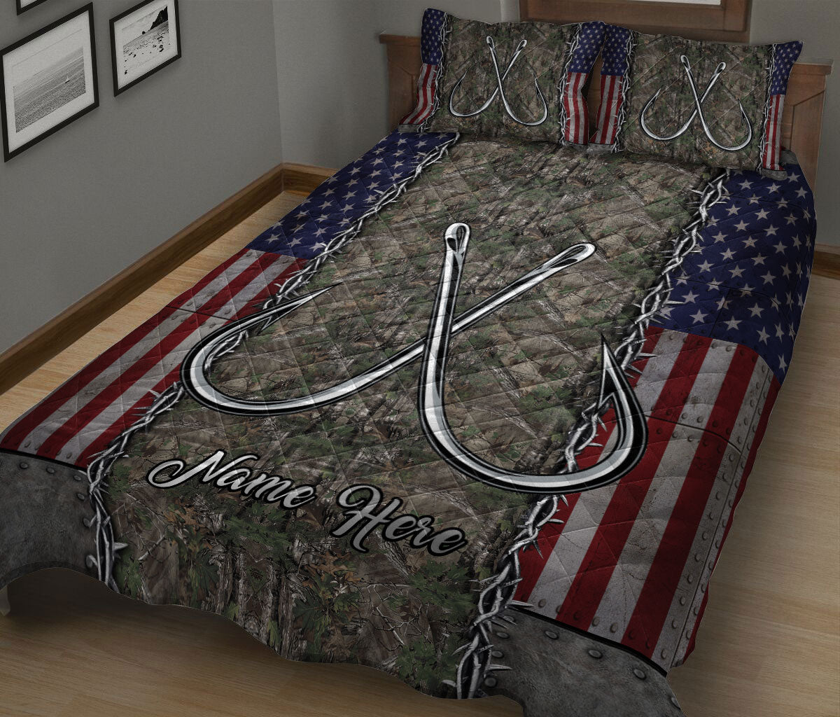 Ohaprints-Quilt-Bed-Set-Pillowcase-Fishing-Hook-Camo-Gift-For-Fishing-Lover-Fisherman-Custom-Personalized-Name-Blanket-Bedspread-Bedding-3-King (90'' x 100'')