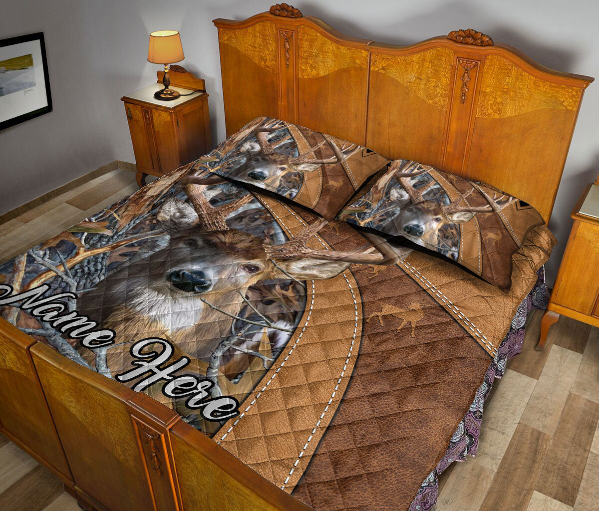 Ohaprints-Quilt-Bed-Set-Pillowcase-Deer-Hunting-Brown-Floral-Gift-For-Deer-Hunting-Lover-Custom-Personalized-Name-Blanket-Bedspread-Bedding-2452-Queen (80'' x 90'')