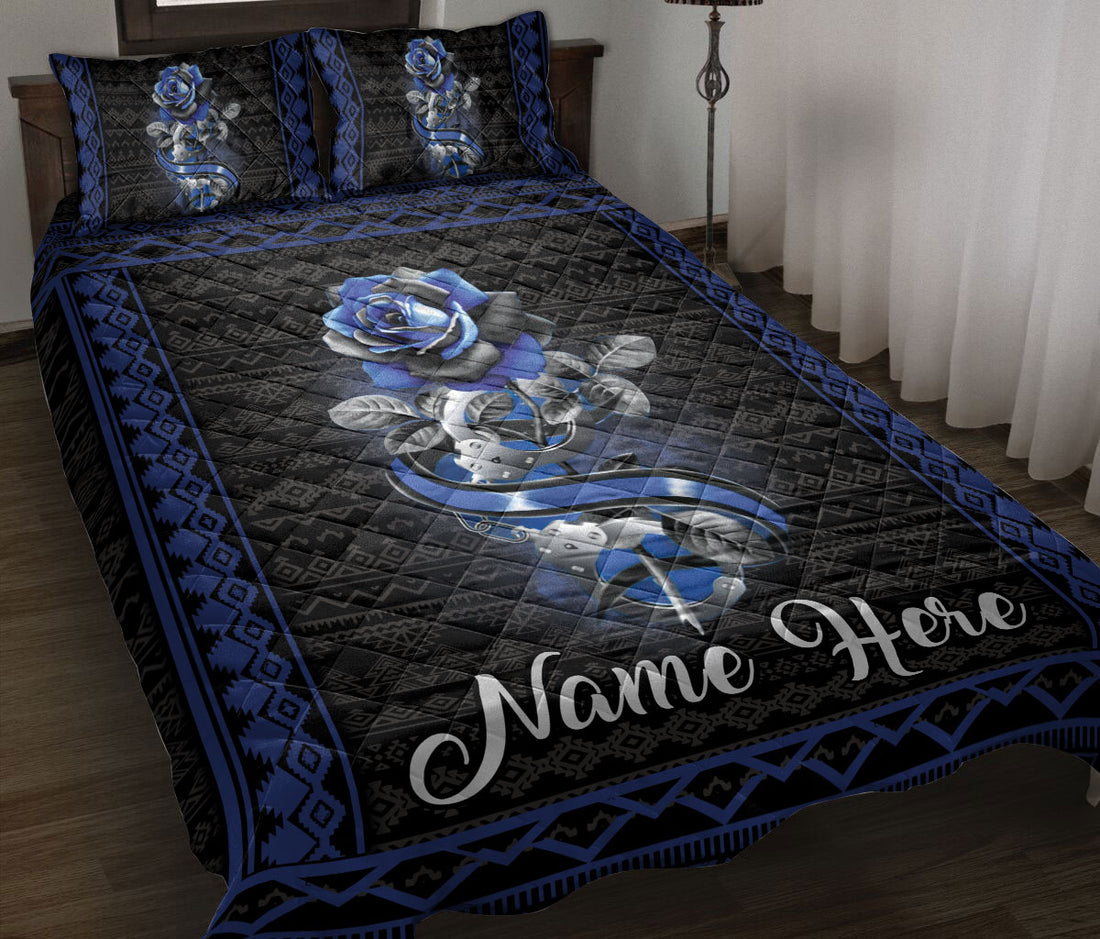 Ohaprints-Quilt-Bed-Set-Pillowcase-Police-Thin-Blue-Line-Rose-Floral-Boho-Pattern-Custom-Personalized-Name-Blanket-Bedspread-Bedding-211-Throw (55'' x 60'')